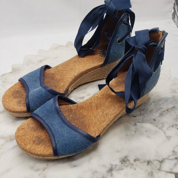 UGG Australia Amell Open Toe Canvas Lace Up Espadrille Wedge 1014955 Blue Sz 8.5 - Picture 1 of 14